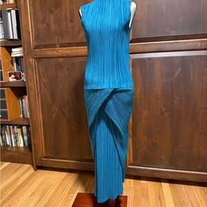 Issey Miyake Blue Pleated Sheath Dress